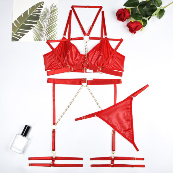 LELATAE lingerie set 3 piece, leather lingerie, corset belt, halter bra and thong set, burlesque costume, sexy bedroom wear, valentines day gift for her, anniversary gift for wife, couples lingerie, boudior photoshoot outfit, role play costumes, edgy lingerie, faux leather underwear, chain detail lingerie, lace up corset, Halloween costume, intimate apparel, sexy costume, gift for girlfriend, black lingerie set